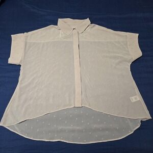 DR2 Button Down Blouse Womens Medium Beige Excellent Sheer Polka Dot High Low